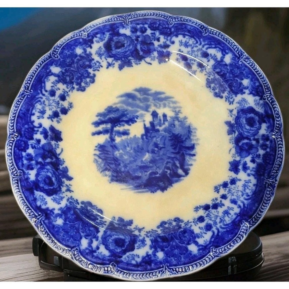 Antique 19thC W Adams Fairy Villas Flow Blue 12" Chop Plate Platter